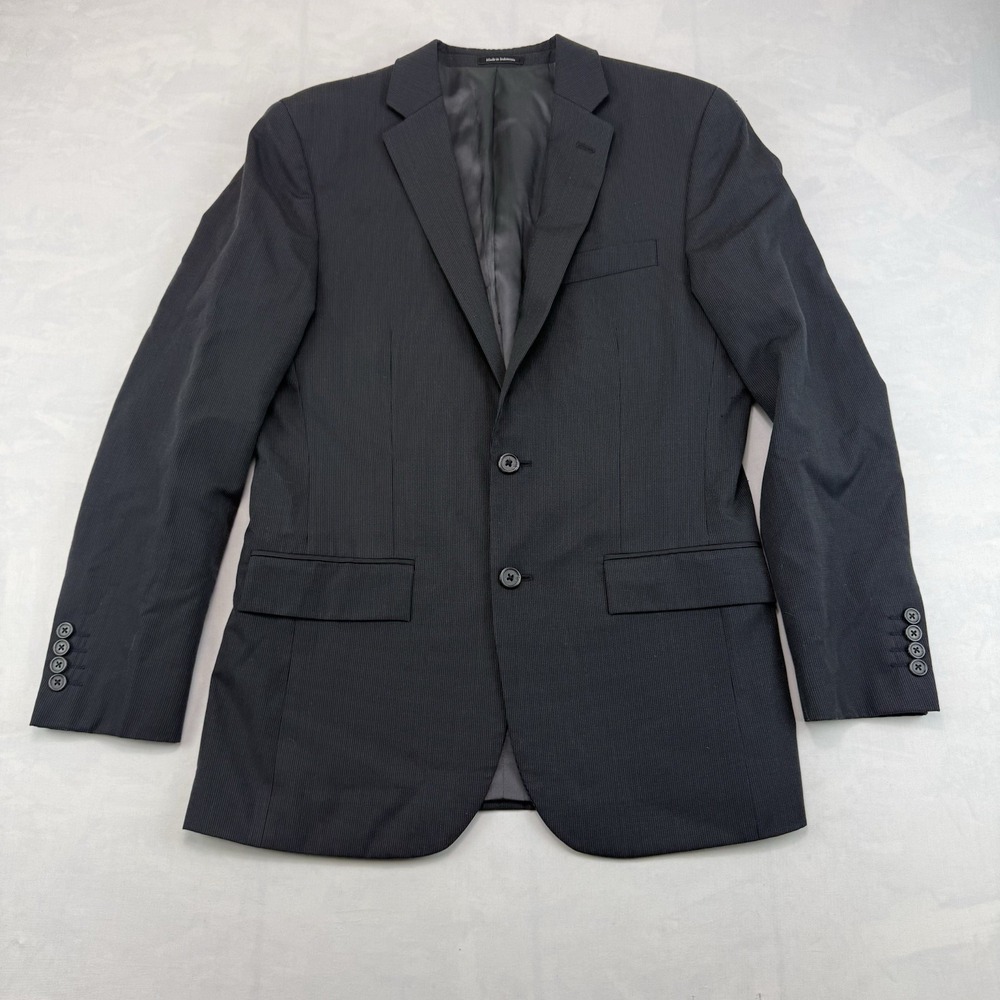 Egara Men's 38R Slim Fit Black Pinstripe Wool Blend Two Button Suit Blazer